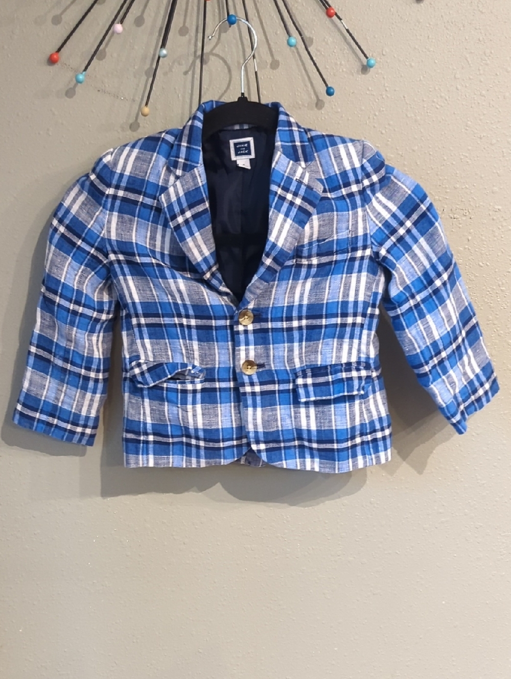 Janie And Jack Linen Blazer Jacket Boys 4T Plaid Preppy Blue White